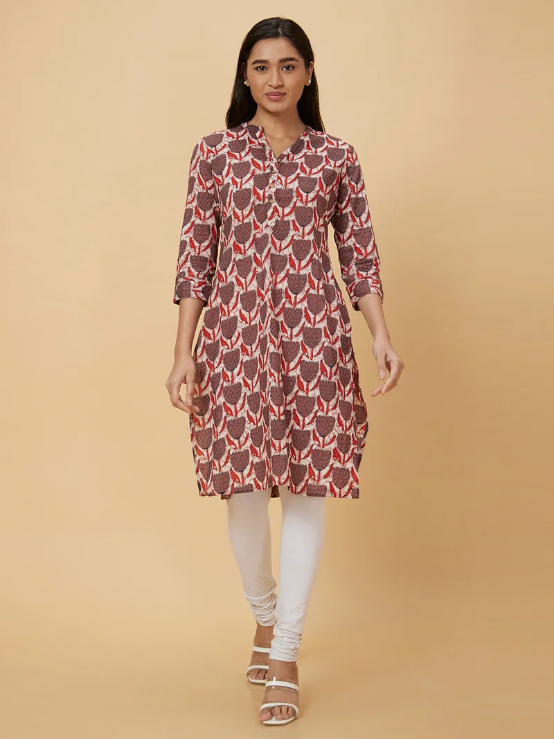 globus Women Brown Floral Printed Mandarin Collar Pure Cotton Straight Kurta