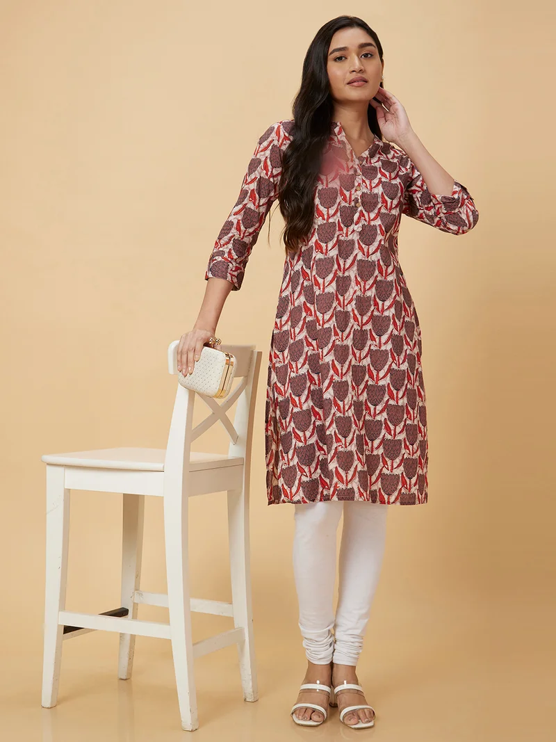 globus Women Brown Floral Printed Mandarin Collar Pure Cotton Straight Kurta