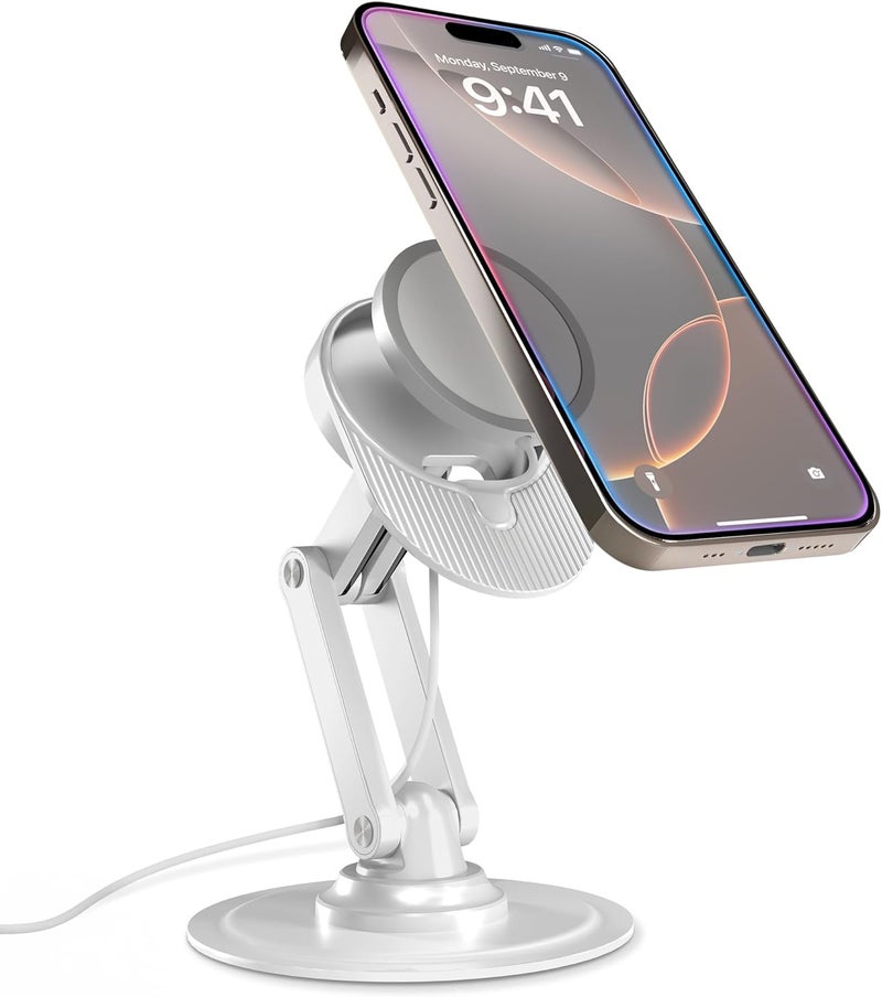 كوبر 360 ماج بيس، حامل متوافق مع شاحن ماج سيف من آبل (غير مرفق)، حامل شحن متوافق مع ماج سيف لأيفون 17 برو ماكس، أيفون 16/15/14/13/12، شحن آيربودز، وضع الاستعداد (أبيض) - Image 1