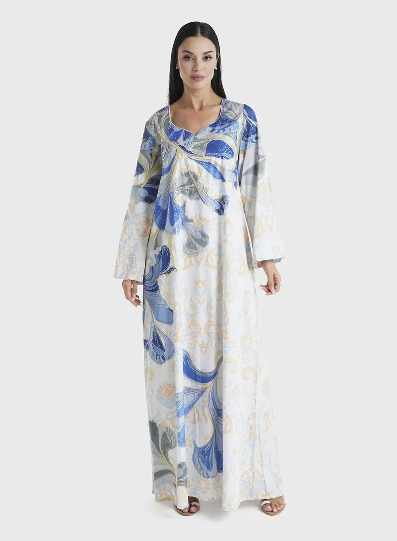 KASHKHA Sky Blue Floral Printed Cotton Satin Stone Work Jalabiya (VDK359)