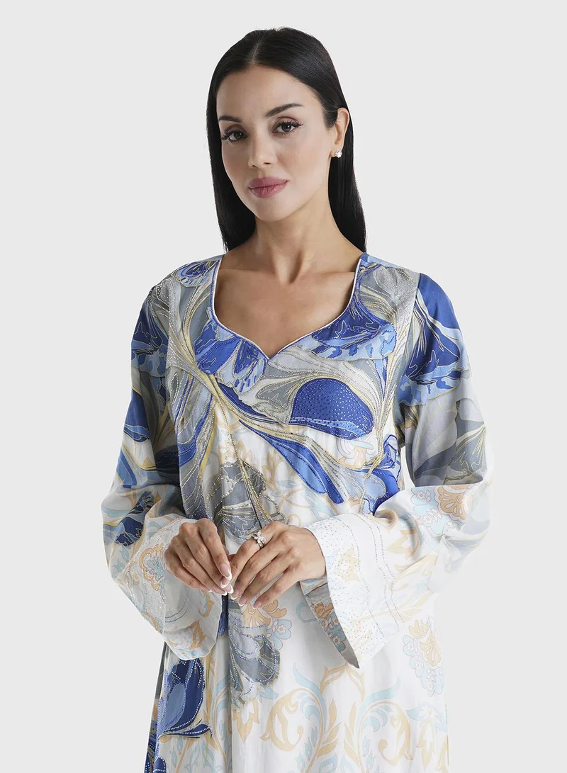 KASHKHA Sky Blue Floral Printed Cotton Satin Stone Work Jalabiya (VDK359)