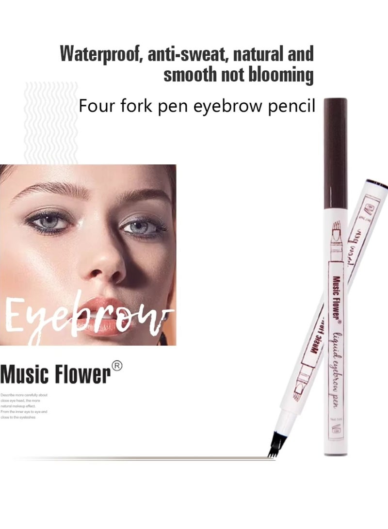 Music Flower قلم حواجب سائل قلم حواجب مقاوم للماء ومضاد للتلطخ يدوم طويلاً قلم رسم دقيق مع 4 رؤوس ميكرو فورك تاتو سائل حواجب جل بني 02 - Image 4