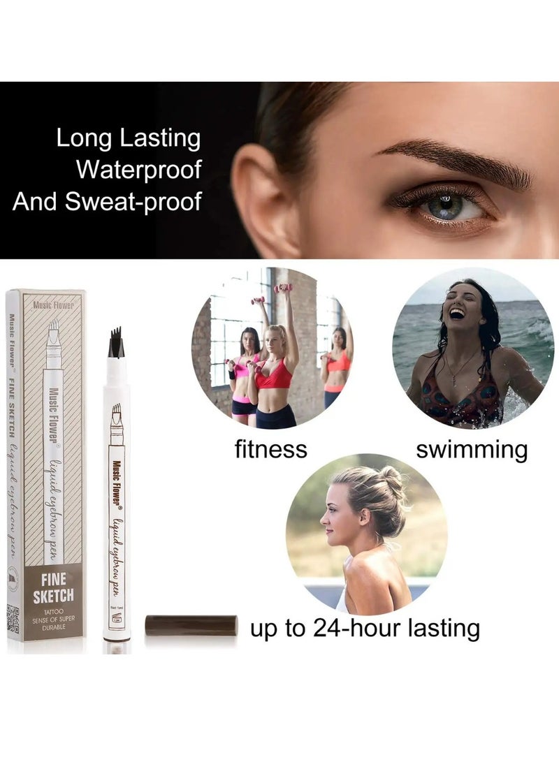 Music Flower قلم حواجب سائل قلم حواجب مقاوم للماء ومضاد للتلطخ يدوم طويلاً قلم رسم دقيق مع 4 رؤوس ميكرو فورك تاتو سائل حواجب جل بني 02 - Image 3