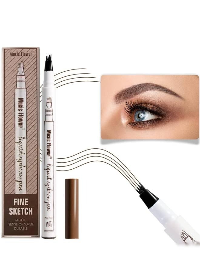 Music Flower قلم حواجب سائل قلم حواجب مقاوم للماء ومضاد للتلطخ يدوم طويلاً قلم رسم دقيق مع 4 رؤوس ميكرو فورك تاتو سائل حواجب جل بني 02 - Image 1
