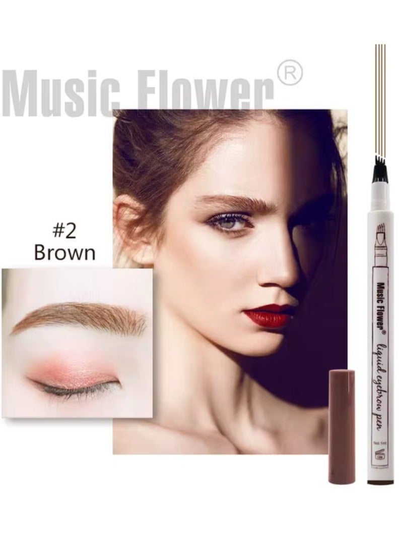 Music Flower قلم حواجب سائل قلم حواجب مقاوم للماء ومضاد للتلطخ يدوم طويلاً قلم رسم دقيق مع 4 رؤوس ميكرو فورك تاتو سائل حواجب جل بني 02 - Image 2