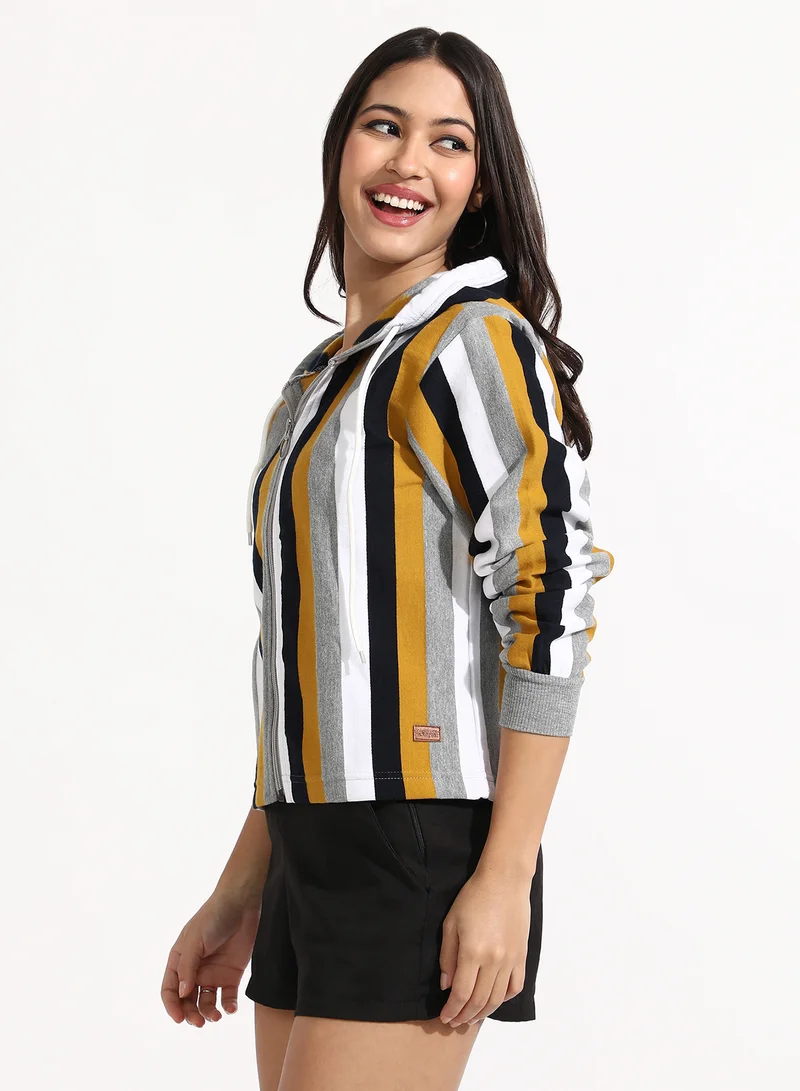 Campus Sutra Women's Mustard Yellow & Onyx Black Zip-Front Striped Hoodie