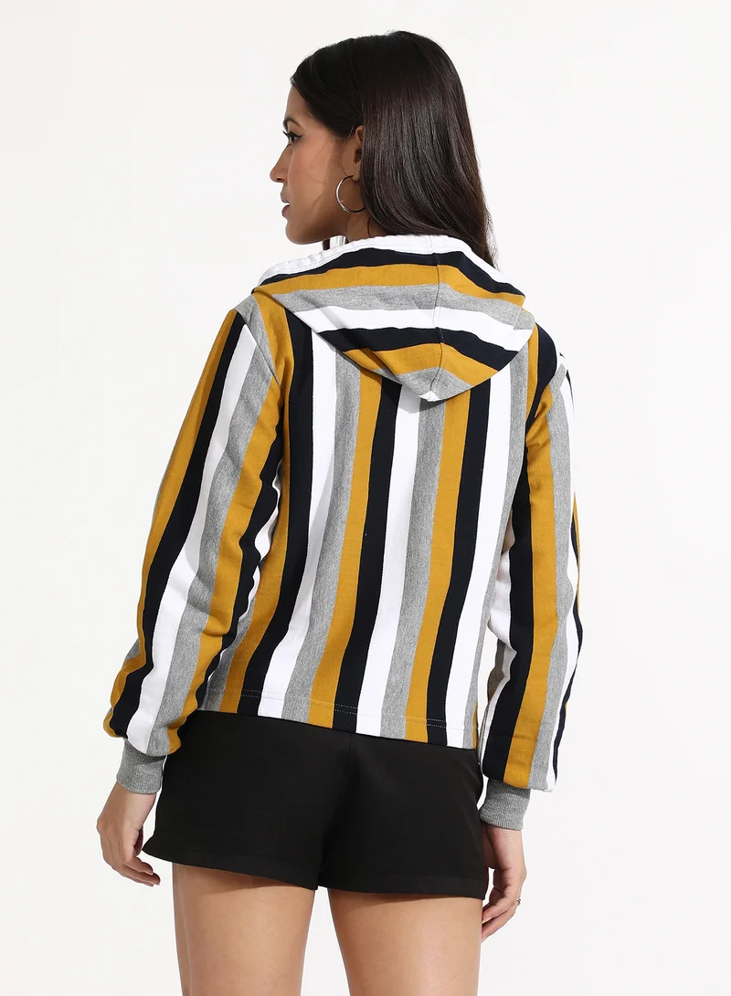Campus Sutra Women's Mustard Yellow & Onyx Black Zip-Front Striped Hoodie