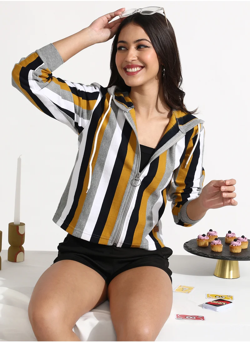 كامبوس سوترا Women's Mustard Yellow & Onyx Black Zip-Front Striped Hoodie