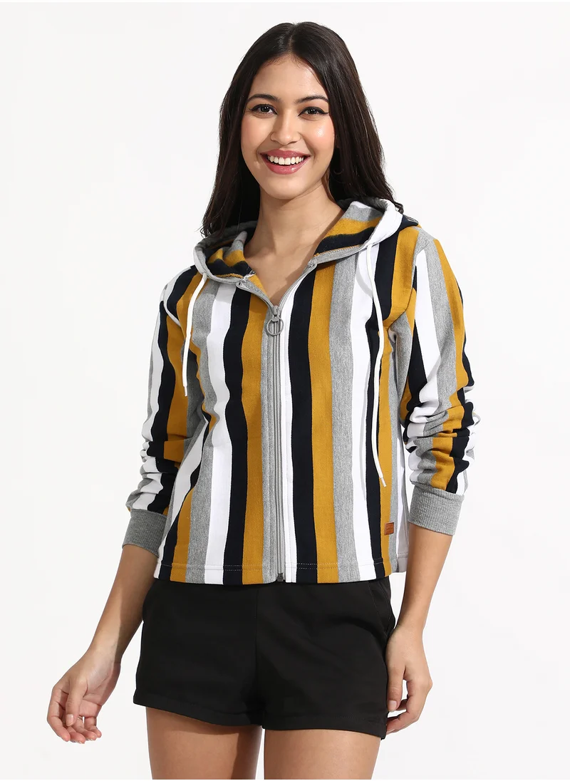كامبوس سوترا Women's Mustard Yellow & Onyx Black Zip-Front Striped Hoodie