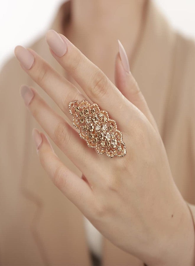 YERTTER Vintage Crystal Ring Wide African Style Chic Women Statement Ring Rhinestone Exaggerated Cocktail Ring Vintage Rhinestone Ring for Wedding Women (Gold - Image 2