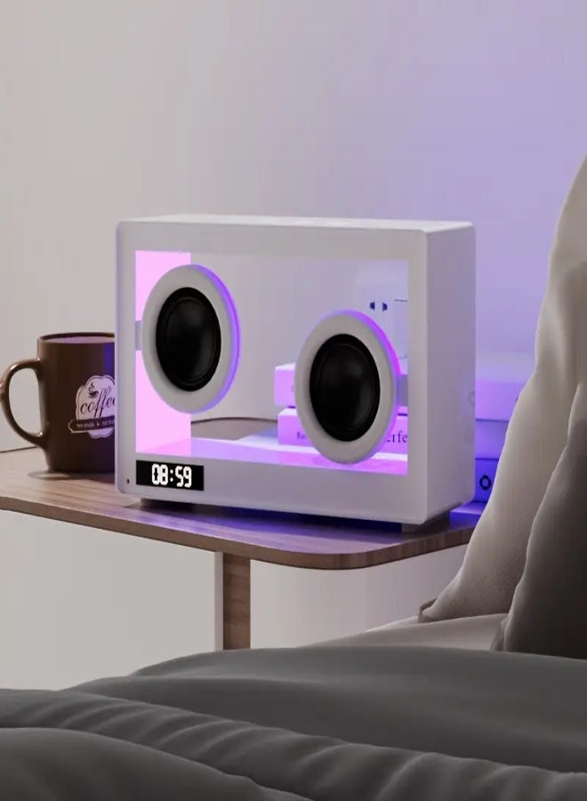 AROAQ Transparent Wireless 5.1 Bluetooth Speaker with Dual Drivers – Digital Clock, Ambient Light, SD Card Playback, Type-C Charging | Stylish Portable Desktop Speaker for Home & Office Use , White - Image 2