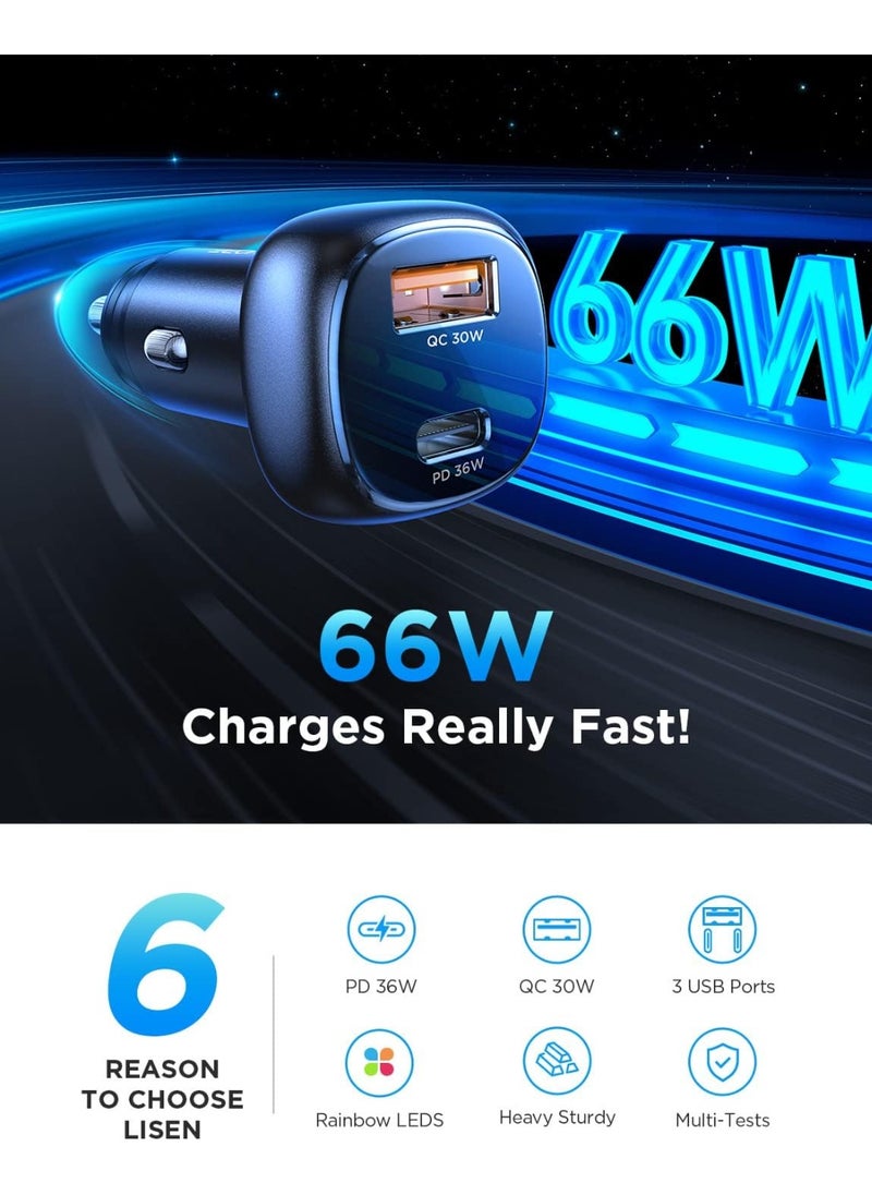 اينوب شاحن سيارة USB C بقوة 66 وات [PD 36 وات + QC 30 وات] [معدني بالكامل] شاحن سيارة iPhone ثنائي المنفذ QC 3.0 محول سيارة من النوع C شاحن سريع لهاتف iPhone 16 15 14 Pro وSamsung S24 S23 وiPad MacBook Pro Air Laptop  - Image 4