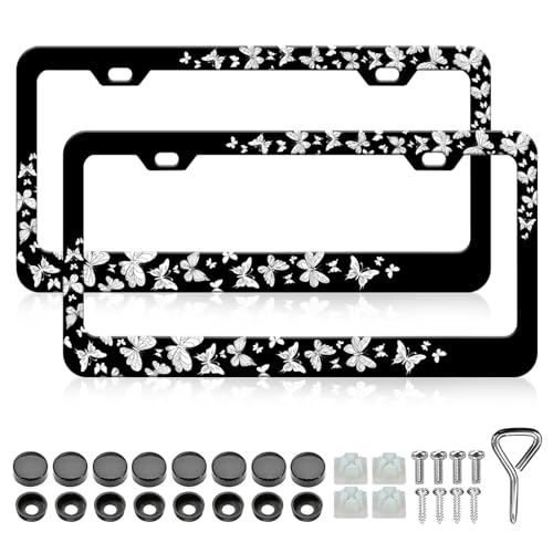 LIN KANG 2PCS Black White Butterfly License Plate Frames Cute Butterfly Pattern License Plate Holder Universal Aluminum Metal RustProof Waterproof Car Decorative Tag Frames for Standard US 12x6 Inch - Image 1