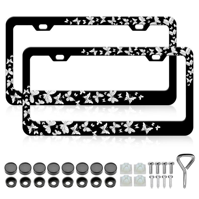 LIN KANG 2PCS Black White Butterfly License Plate Frames Cute Butterfly Pattern License Plate Holder Universal Aluminum Metal RustProof Waterproof Car Decorative Tag Frames for Standard US 12x6 Inch - Image 3