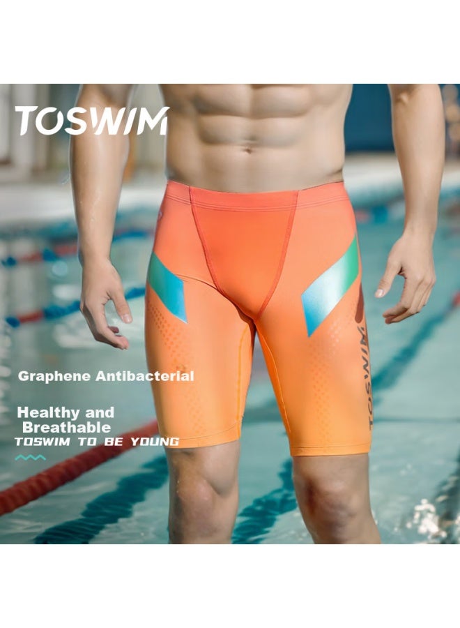 Toswim Men's Professional Compeive Swimming Trunks Knee-length Swim Beach Shorts Anti-embarrassment Quick-drying Orange Storm L - Image 2