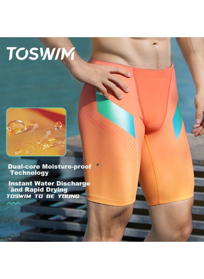 Toswim Men's Professional Compeive Swimming Trunks Knee-length Swim Beach Shorts Anti-embarrassment Quick-drying Orange Storm L - Image 3