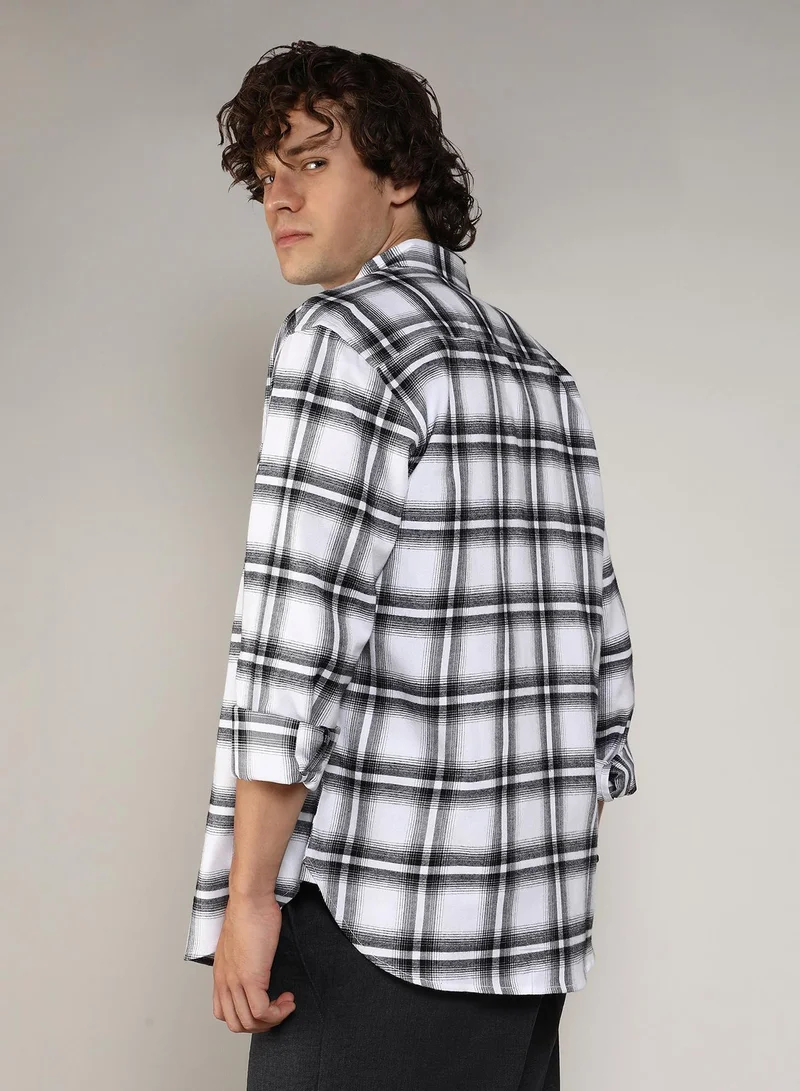 Campus Sutra  Men's Chalk White & Midnight Black Brushed Buffalo Check Shirt for Men | Best Price UAE