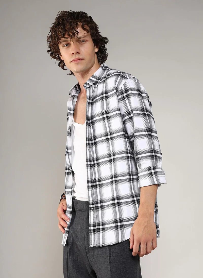 Campus Sutra  Men's Chalk White & Midnight Black Brushed Buffalo Check Shirt for Men | Best Price UAE