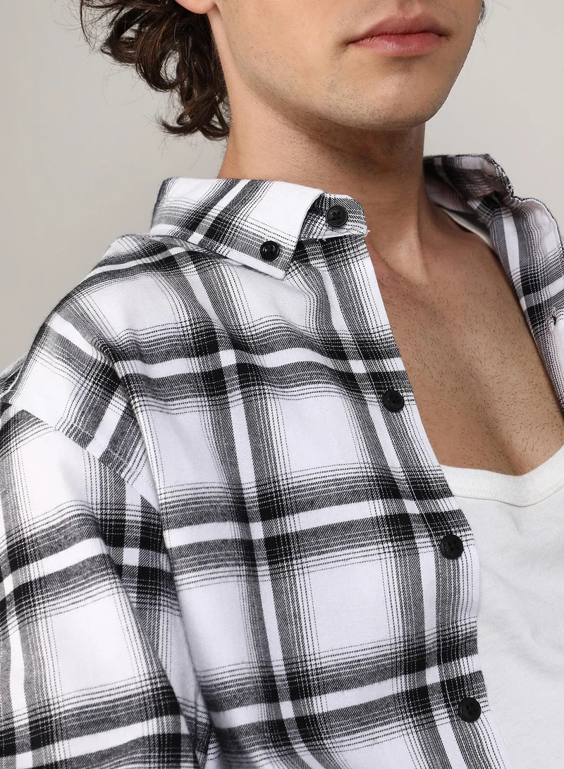 Campus Sutra  Men's Chalk White & Midnight Black Brushed Buffalo Check Shirt for Men | Best Price UAE