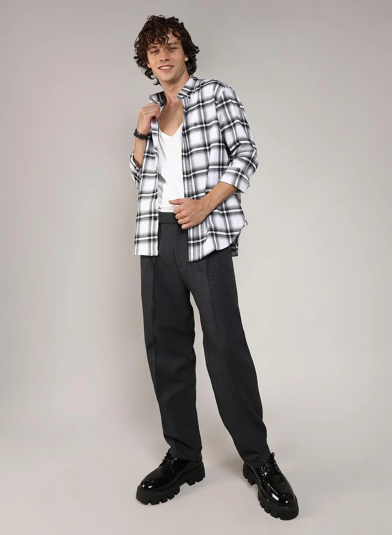 Campus Sutra  Men's Chalk White & Midnight Black Brushed Buffalo Check Shirt for Men | Best Price UAE