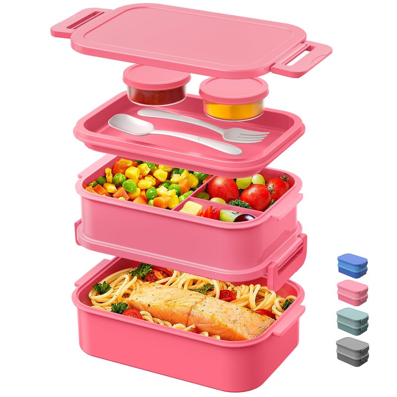 DaCool Adults Bento Box Lunch Box - Stackable All-in-One Leakproof Bento Lunch Box for Adults Women Girls 74 OZ Large Lunch Containers with Fork Spoon Sauce Boxes for Work School Dining Out, Pink - Image 1