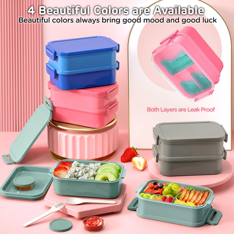 DaCool Adults Bento Box Lunch Box - Stackable All-in-One Leakproof Bento Lunch Box for Adults Women Girls 74 OZ Large Lunch Containers with Fork Spoon Sauce Boxes for Work School Dining Out, Pink - Image 3