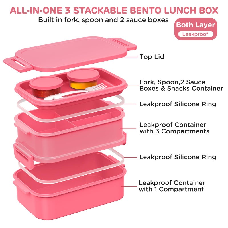 DaCool Adults Bento Box Lunch Box - Stackable All-in-One Leakproof Bento Lunch Box for Adults Women Girls 74 OZ Large Lunch Containers with Fork Spoon Sauce Boxes for Work School Dining Out, Pink - Image 2