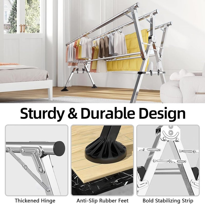 TDOO Clothes Drying Rack, Foldable Drying Racks, Stainless Steel 5 Poles Laundry Racks Clothes Drying Racks with Shoe Rack, Space Saving Laundry Drying Rack for Indoor Our with Windproof Hooks-160cm - Image 5