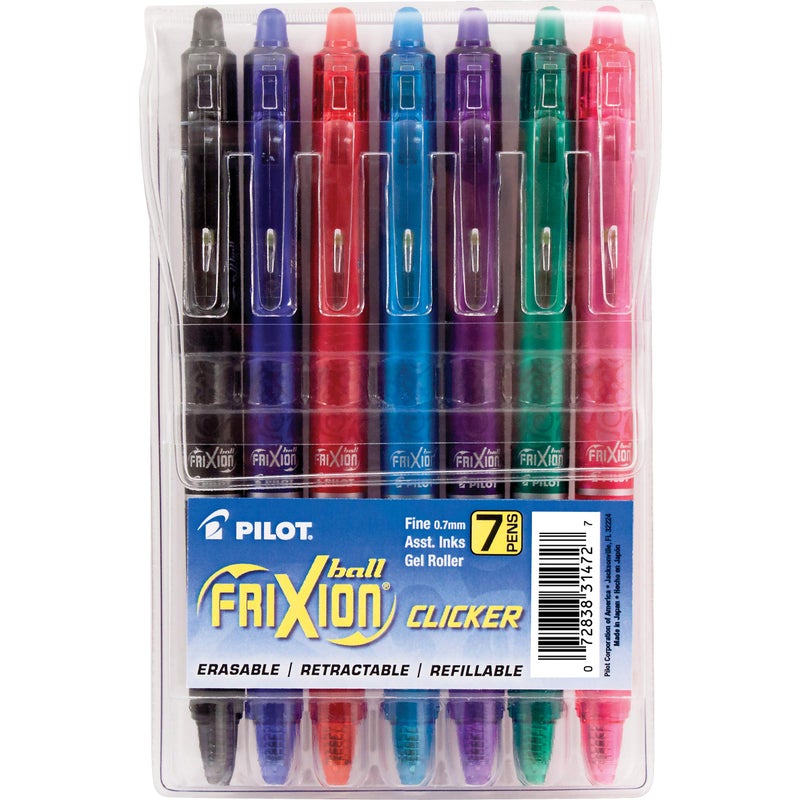 PILOT FriXion Clicker Erasable, Refillable & Retractable Gel Ink Pens, Fine Point, Assorted Color Inks, 7-Pack Pouch (31472) - Image 1
