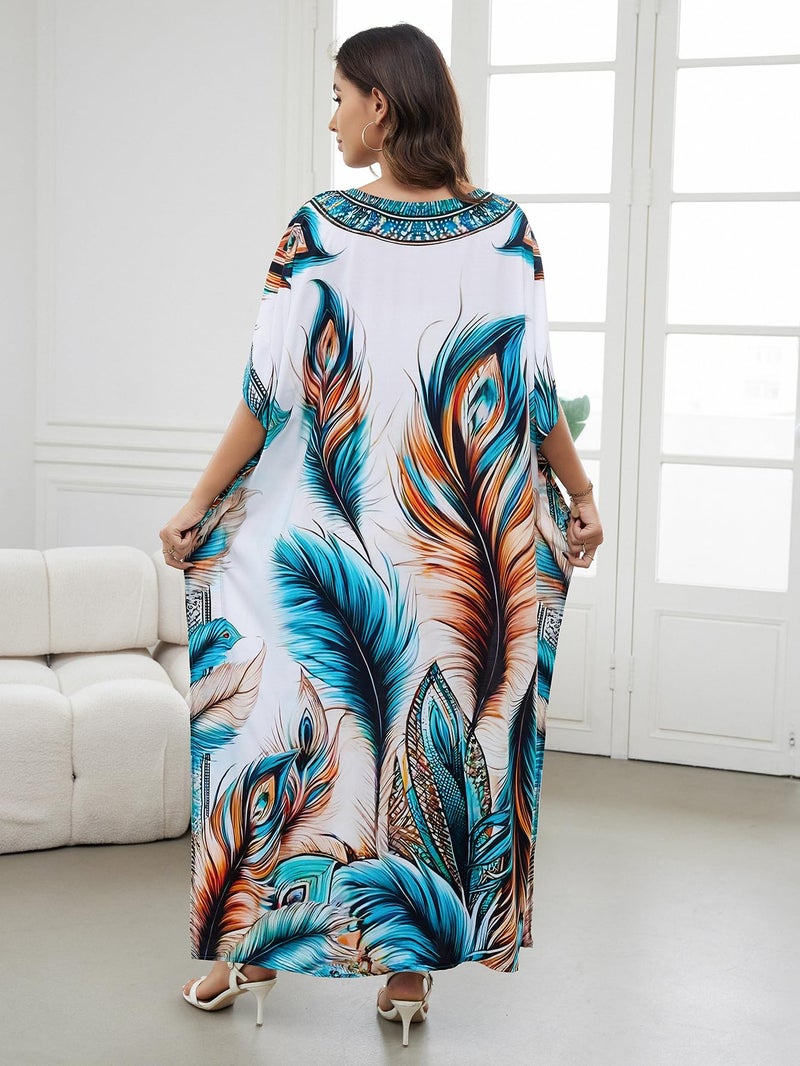 IMAGEKOPE Women's Plus Size Loose Fit Moroccan Print V-Neck Batwing Kaftan Beach Dress Bathing Suit Cover Up - Image 5