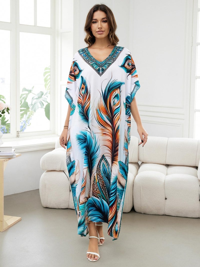 IMAGEKOPE Women's Plus Size Loose Fit Moroccan Print V-Neck Batwing Kaftan Beach Dress Bathing Suit Cover Up - Image 1