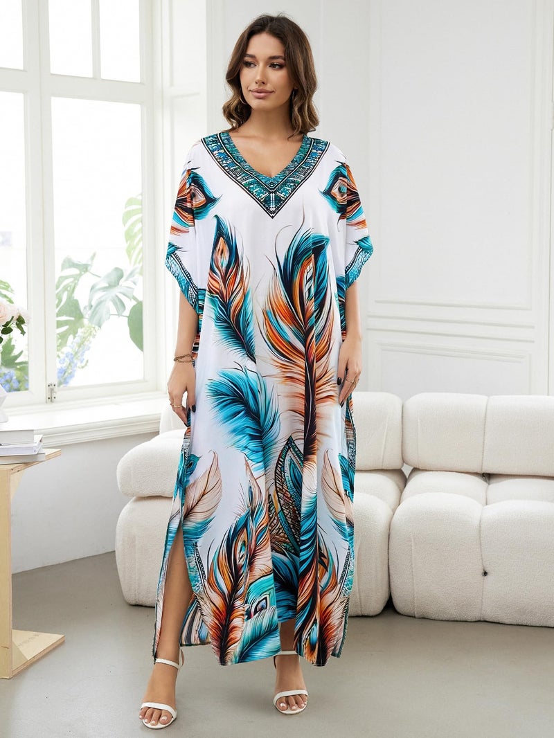IMAGEKOPE Women's Plus Size Loose Fit Moroccan Print V-Neck Batwing Kaftan Beach Dress Bathing Suit Cover Up - Image 2