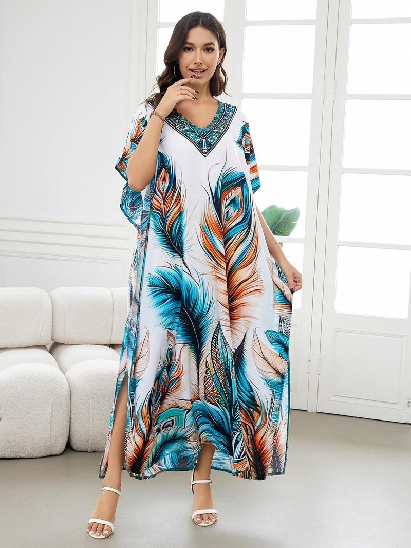 IMAGEKOPE Women's Plus Size Loose Fit Moroccan Print V-Neck Batwing Kaftan Beach Dress Bathing Suit Cover Up - Image 3