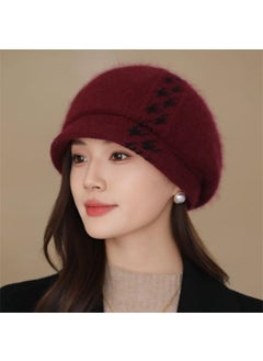 Generic Womens Autumn/Winter Knit Hat With Rabbit Fur Liner Breathable Thickened Warm Korean Style Versatile Duck Tongue Beret Hat Wine red  - Image 1