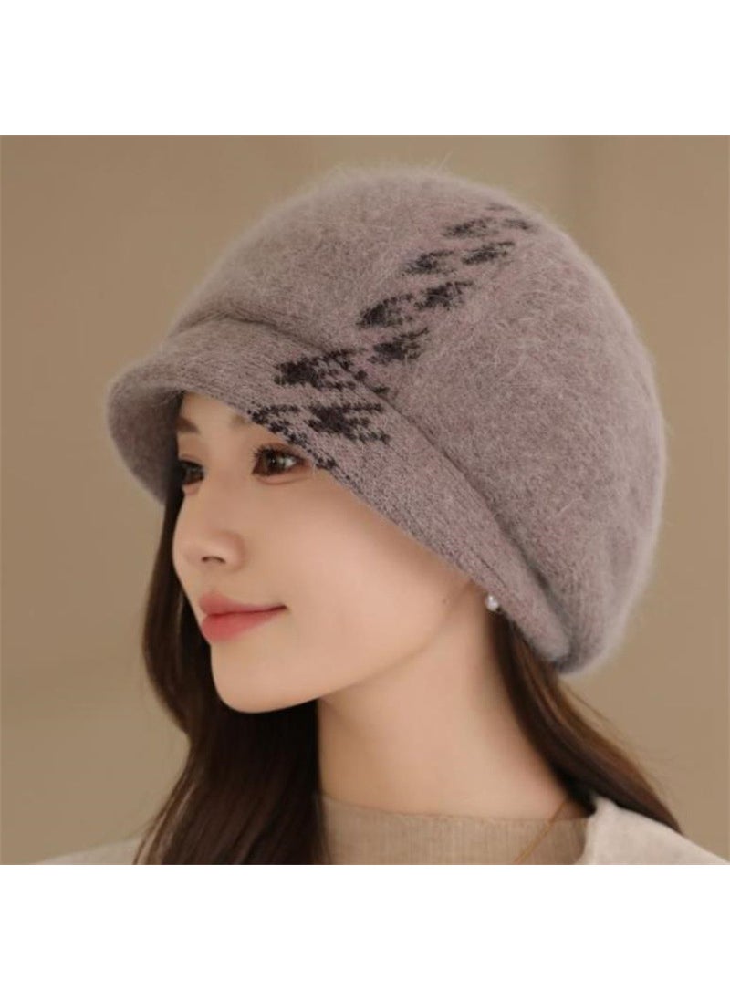 Generic - Womens Autumn/Winter Knit Hat With Rabbit Fur Liner Breathable Thickened Warm Korean Style Versatile Duck Tongue Beret Hat Wine red - Image 1