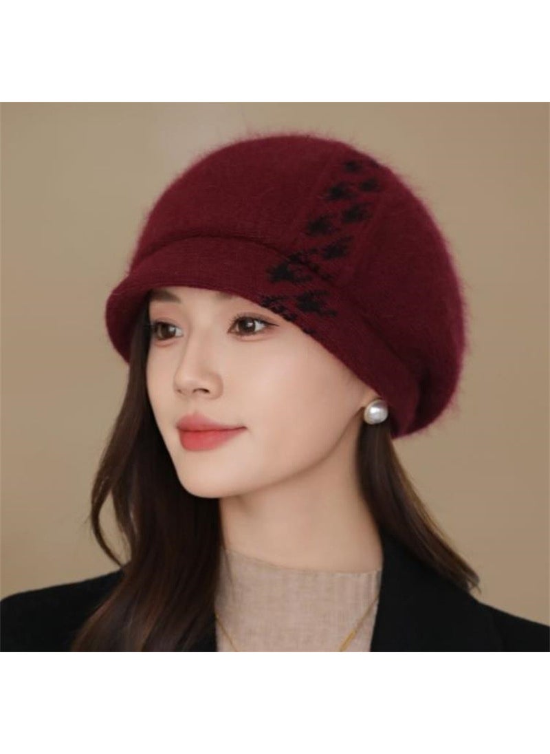 Generic - Womens Autumn/Winter Knit Hat With Rabbit Fur Liner Breathable Thickened Warm Korean Style Versatile Duck Tongue Beret Hat Wine red - Image 1
