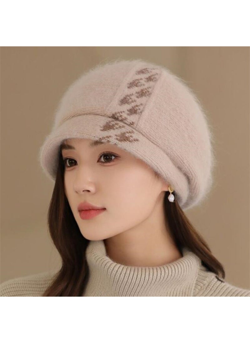 Generic - Womens Autumn/Winter Knit Hat With Rabbit Fur Liner Breathable Thickened Warm Korean Style Versatile Duck Tongue Beret Hat Wine red - Image 1