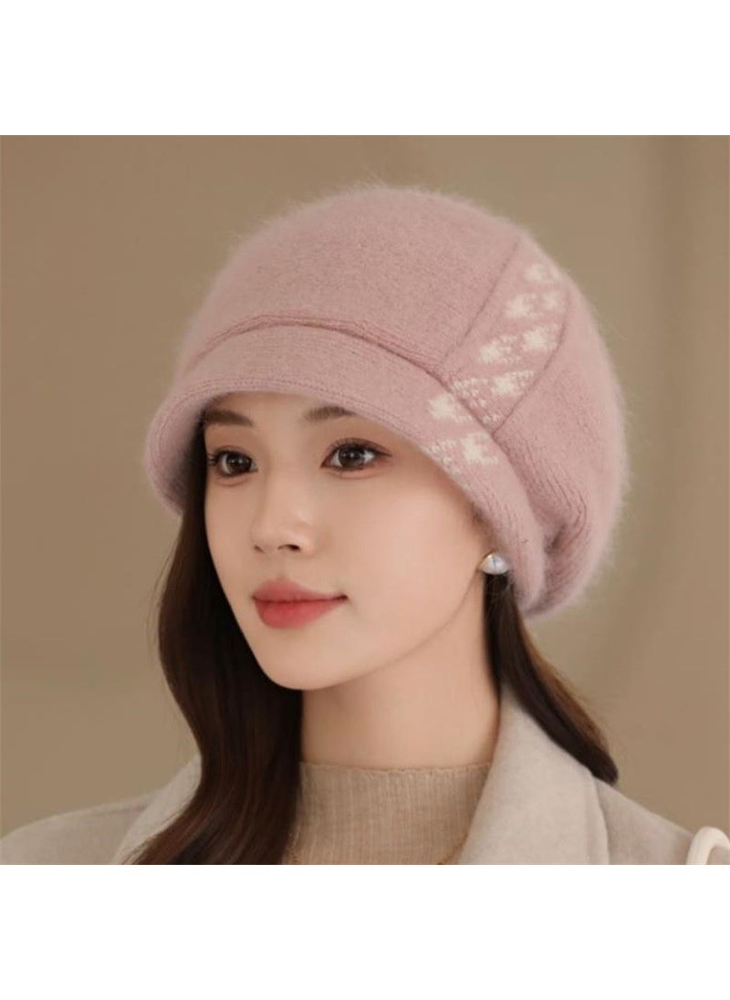 Generic - Womens Autumn/Winter Knit Hat With Rabbit Fur Liner Breathable Thickened Warm Korean Style Versatile Duck Tongue Beret Hat Wine red - Image 1