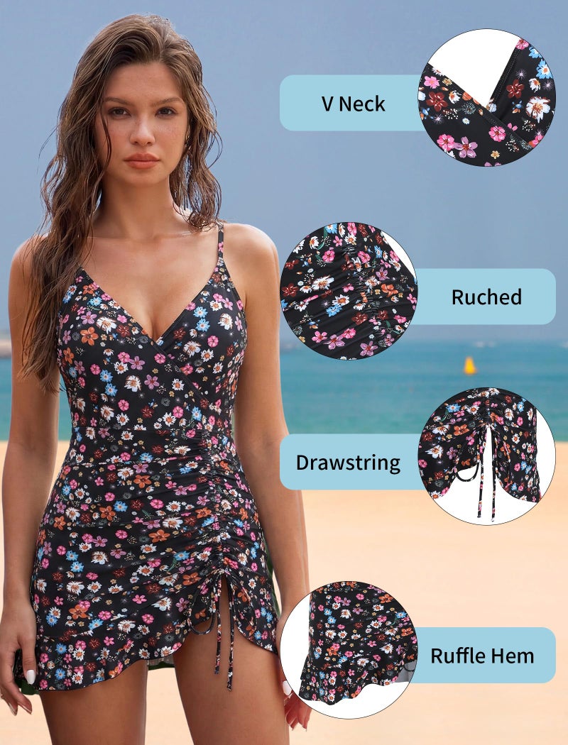 ZAFUL Womens Tummy Control Bathing Suit One Piece Swimsuit Over 50 Ruffle Swim Dress Long Torso Drawstring Swimwear Flower L - Image 4