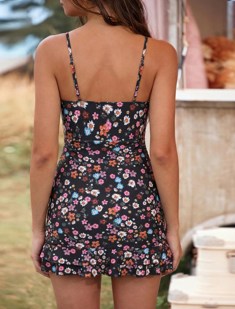 ZAFUL Womens Tummy Control Bathing Suit One Piece Swimsuit Over 50 Ruffle Swim Dress Long Torso Drawstring Swimwear Flower L - Image 3