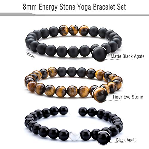 Hamoery Men Women 8mm Tiger Eye Stone Beads Bracelet Elastic Natural Stone Yoga Bracelet Bangle (Set2) - Image 2