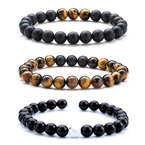 Hamoery Men Women 8mm Tiger Eye Stone Beads Bracelet Elastic Natural Stone Yoga Bracelet Bangle (Set2) - Image 1