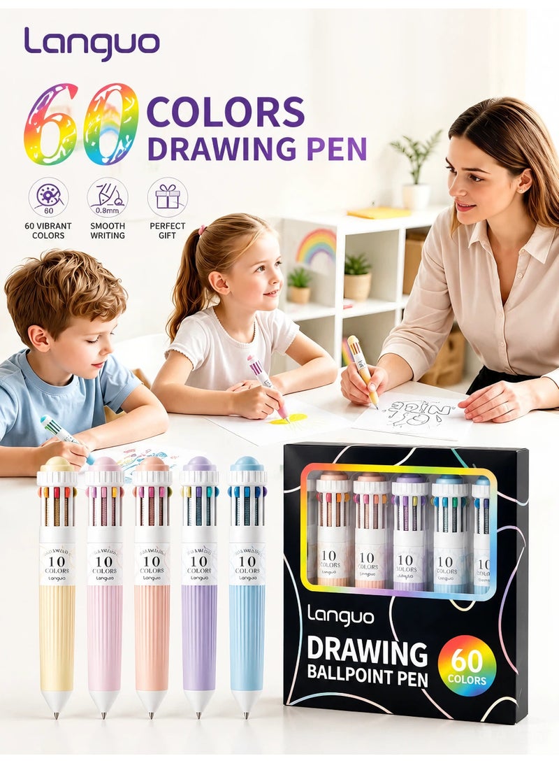 Languo 6 Pcs 10-in-1 Multicolor Ballpoint Pen, 0.8mm Fine Point Retractable Colored Pens Smooth Writing for Drawing Journaling Office School Supplies Stationery Gift for Kids Students - Image 1