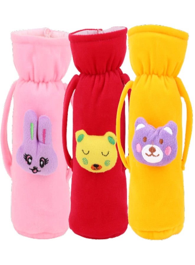 Da Anushi Soft Plush Stretchable Baby Feeding Handle Bottle Cover with Attractive Cartoon Design & Easy to Hold Strap for Newborn Babies, Suitable for 125-250 ML Bottle (Pack of 3) - Image 1