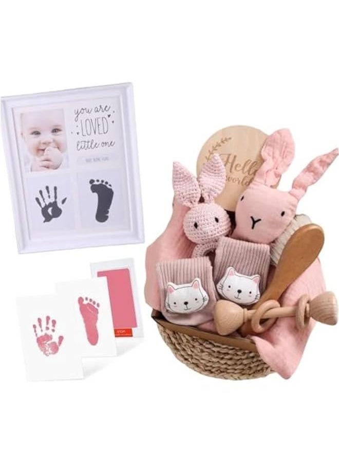 Gonice Baby Gift Set For Newborn 3 in1 Baby Hand & Footprint Kit Photo Frame - Baby Bath Set With Baby Rattle & Cotton Socks - New Born Baby Girls Gift & Baby Boy Gifts for Baby Shower (Pink Bunny-5)  - Image 1