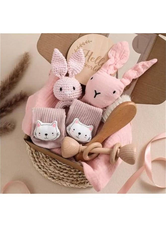 Gonice Baby Gift Set For Newborn 3 in1 Baby Hand & Footprint Kit Photo Frame - Baby Bath Set With Baby Rattle & Cotton Socks - New Born Baby Girls Gift & Baby Boy Gifts for Baby Shower (Pink Bunny-5)  - Image 2