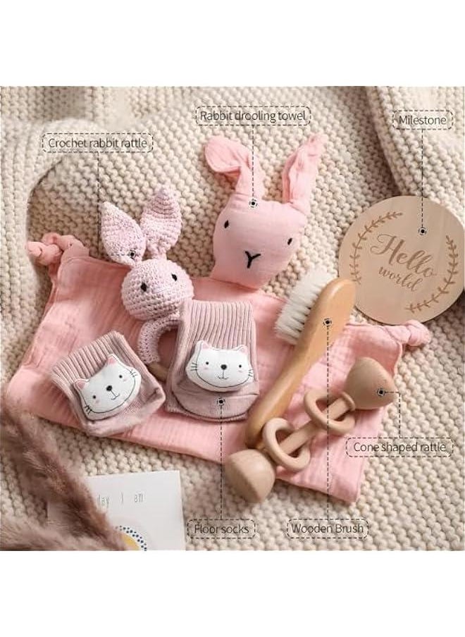 Gonice Baby Gift Set For Newborn 3 in1 Baby Hand & Footprint Kit Photo Frame - Baby Bath Set With Baby Rattle & Cotton Socks - New Born Baby Girls Gift & Baby Boy Gifts for Baby Shower (Pink Bunny-5)  - Image 5