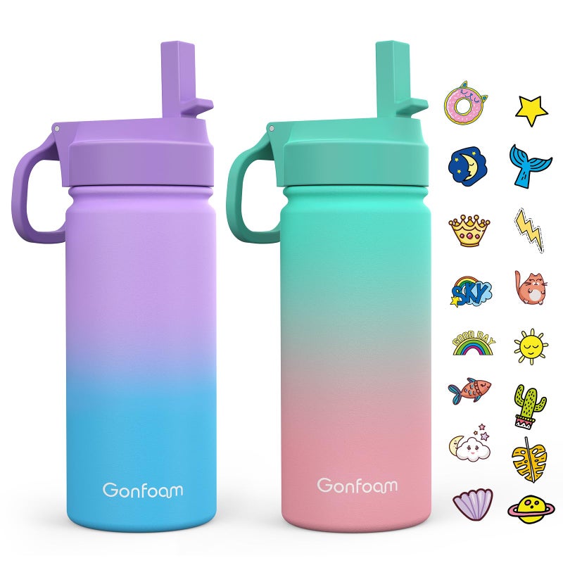 Gonfoam Kids Water Bottle, 2-Pack 16oz Water Bottles with Stickers and Straw, Stainless Steel Vacuum Insulated cup, Kids Water Bottle for School, Gifts for Boys and Girls(Purple/Green) - Image 1
