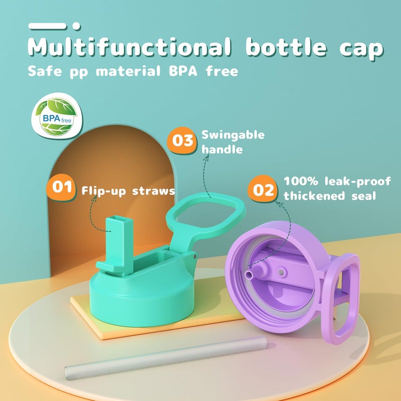 Gonfoam Kids Water Bottle, 2-Pack 16oz Water Bottles with Stickers and Straw, Stainless Steel Vacuum Insulated cup, Kids Water Bottle for School, Gifts for Boys and Girls(Purple/Green) - Image 4