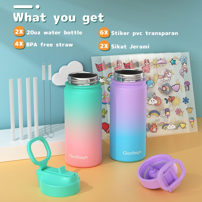 Gonfoam Kids Water Bottle, 2-Pack 16oz Water Bottles with Stickers and Straw, Stainless Steel Vacuum Insulated cup, Kids Water Bottle for School, Gifts for Boys and Girls(Purple/Green) - Image 2